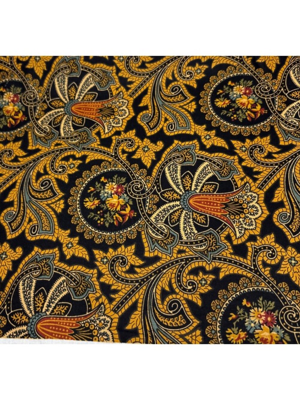 Andover Kathy Hall Floral Paisley Cotton Fabric 20"x44" Gold & Black Design Quil